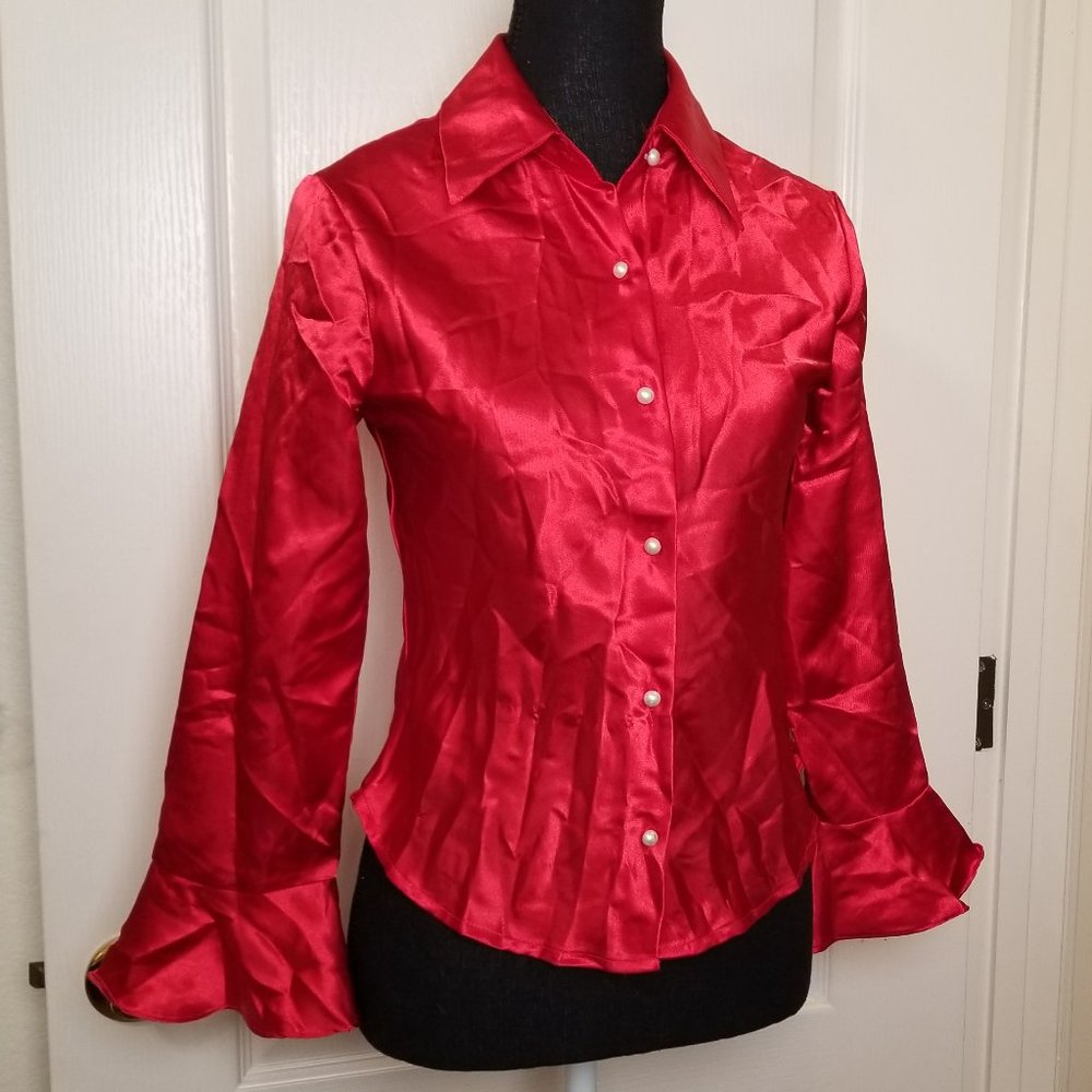 Byer Girl Women Red Crinkle Dressy Blouse Long Sleeve Ruffle Blouse Size L - VGC